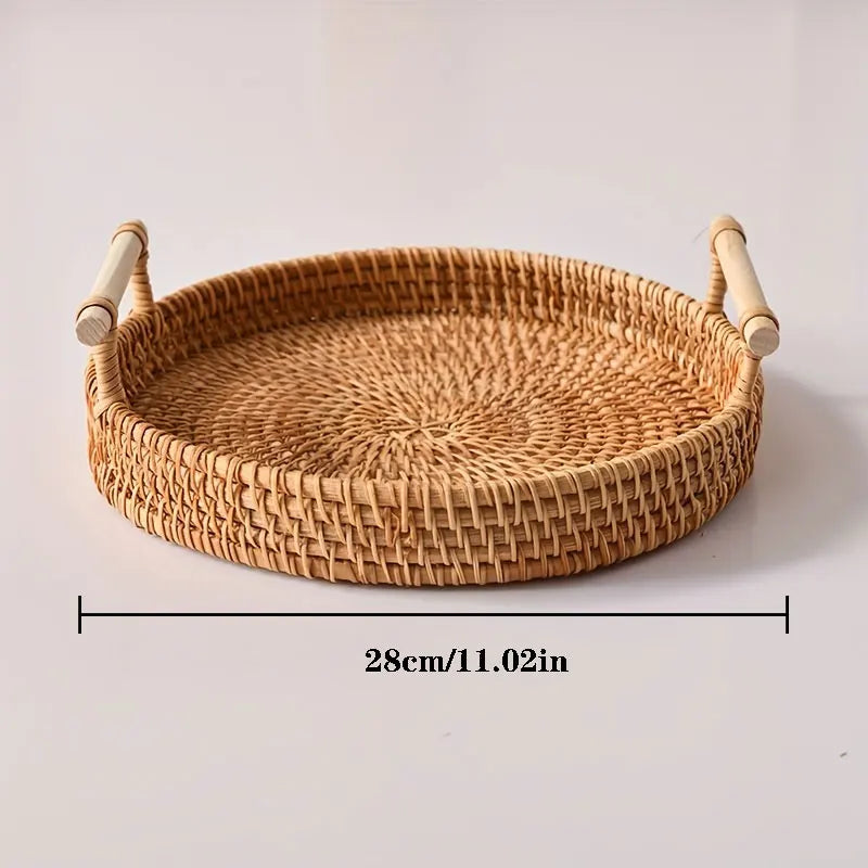 lateau Rond en Rotin Tressé avec Poignées – Plateau de Service & Décoration Naturelle