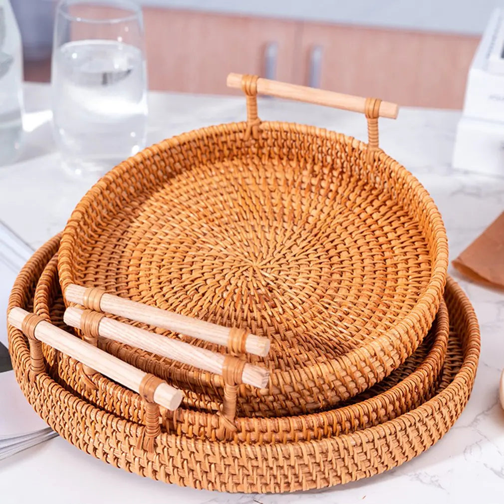 lateau Rond en Rotin Tressé avec Poignées – Plateau de Service & Décoration Naturelle