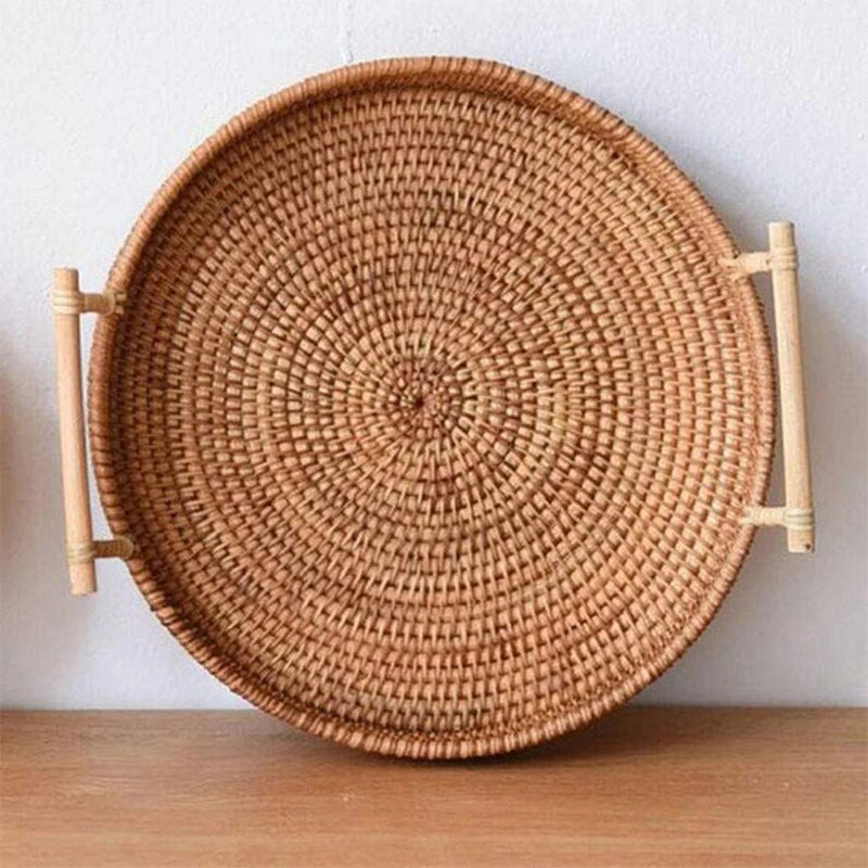 lateau Rond en Rotin Tressé avec Poignées – Plateau de Service & Décoration Naturelle