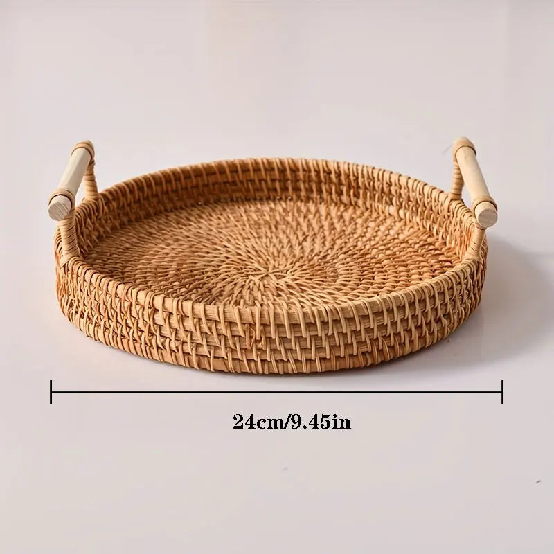 lateau Rond en Rotin Tressé avec Poignées – Plateau de Service & Décoration Naturelle
