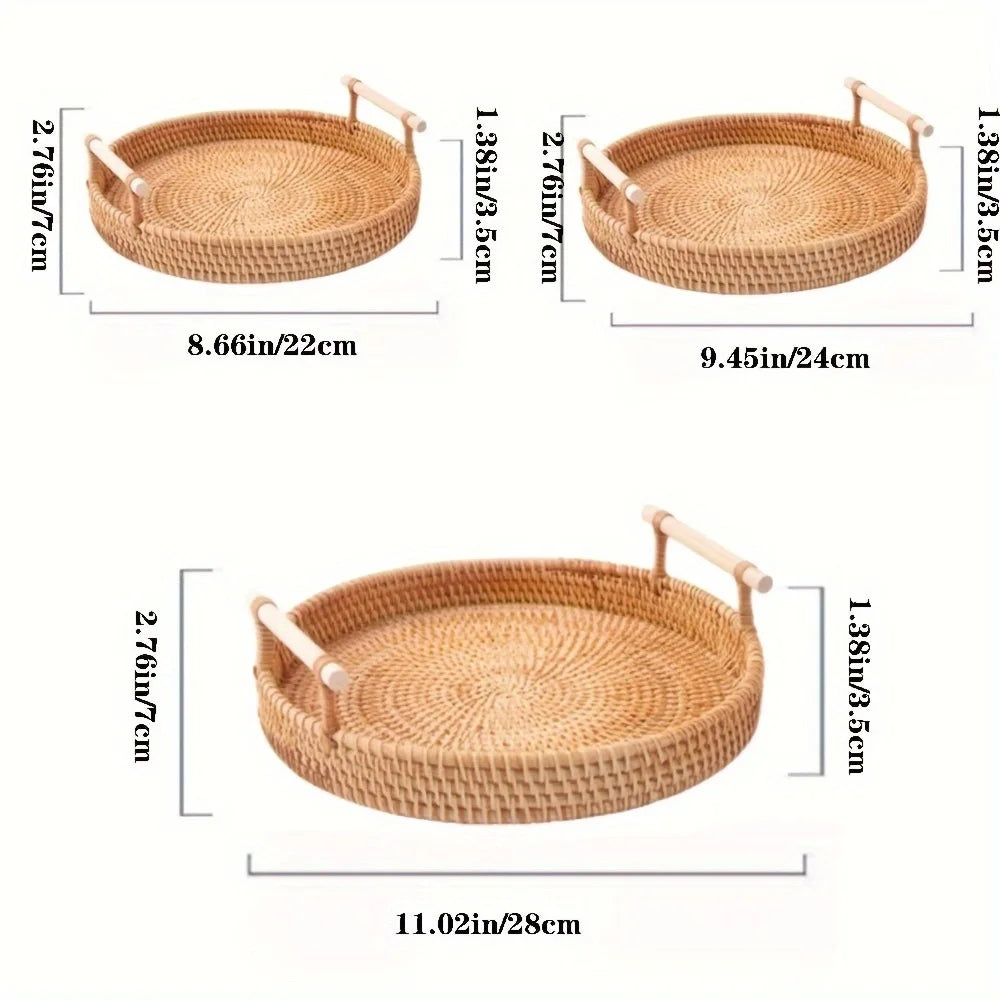 lateau Rond en Rotin Tressé avec Poignées – Plateau de Service & Décoration Naturelle